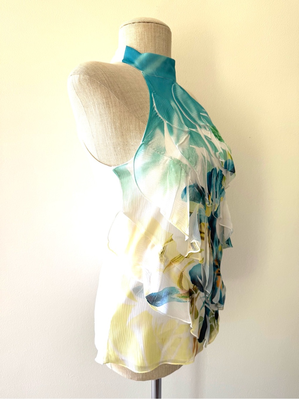 IZ Byer Y2K Tropical Lily Halter Top Blouse Teal Blue Yellow Mock Neck Size S - Picture 7 of 12